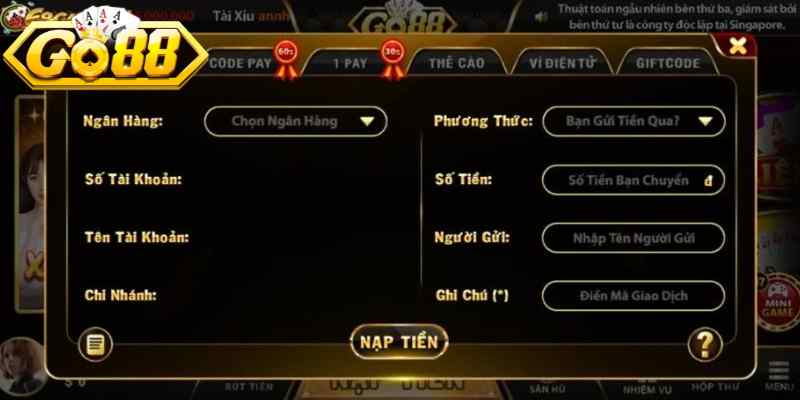 Quy trình thao tác chi tiết khi nạp tiền Go88